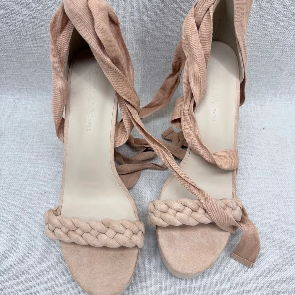 Wild Diva Lounge Nude Braided Platform Heels Lace Up Ankle Tie Sandals Size 10